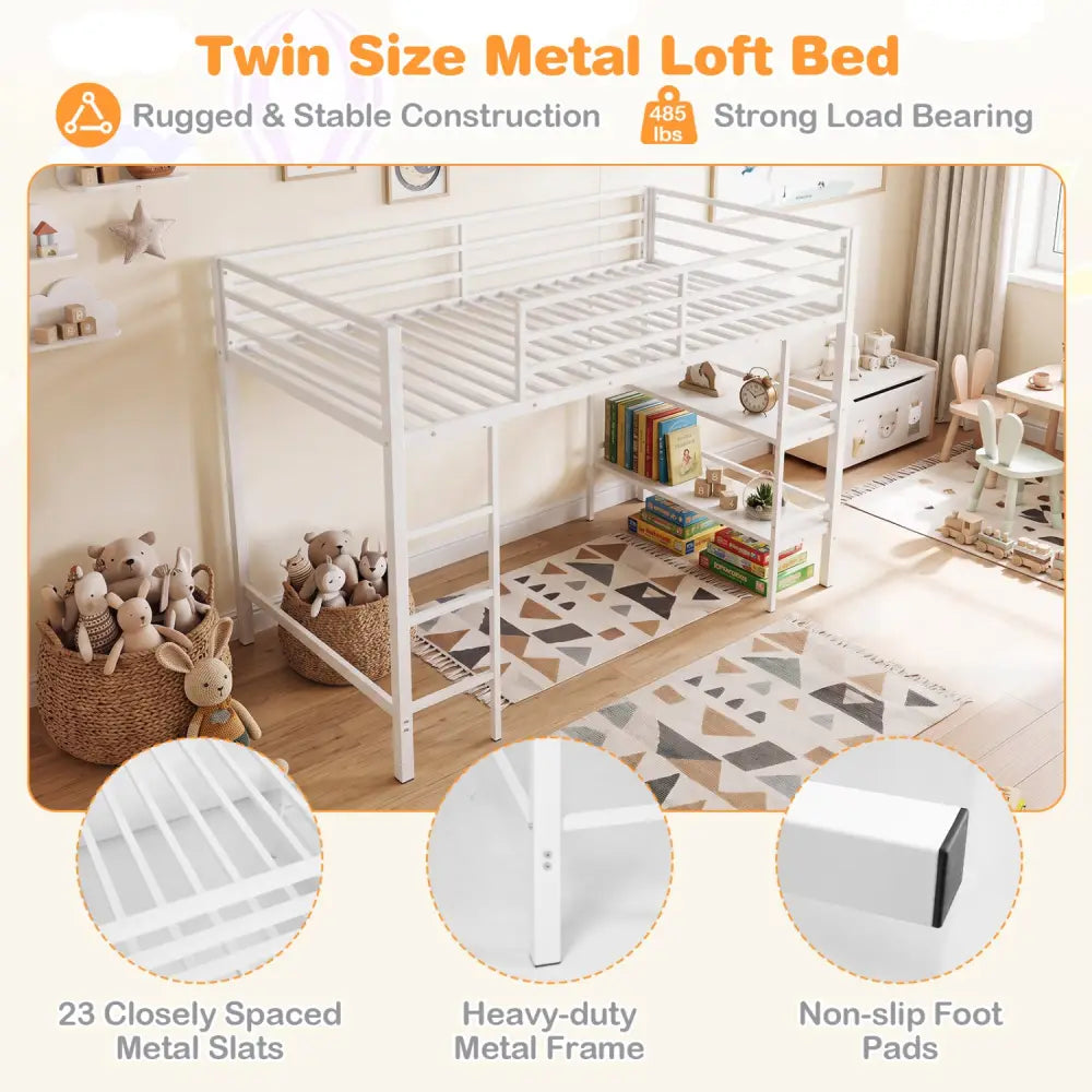 Twin Size Low Loft Bed with Ladder and Storage Shelves Metal Frame for Boys Girls-White - White - Toddler Beds