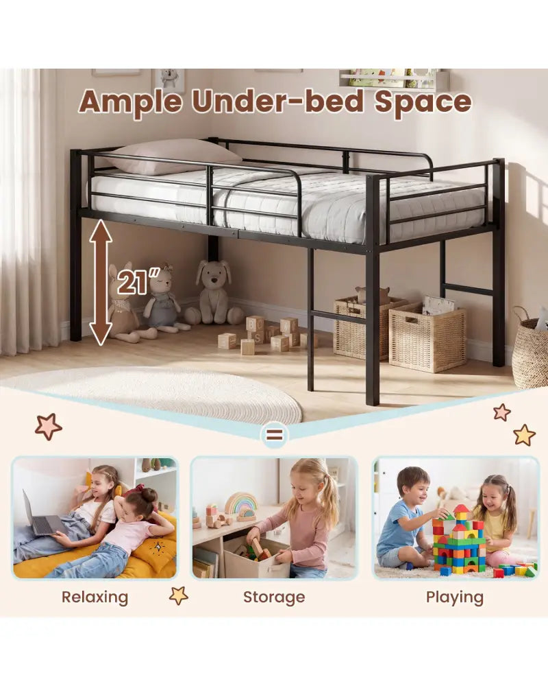 Twin Size Low Loft Bed with Safety Guardrails and 2 Ladders-Black - Black - Bunk Bed Frame