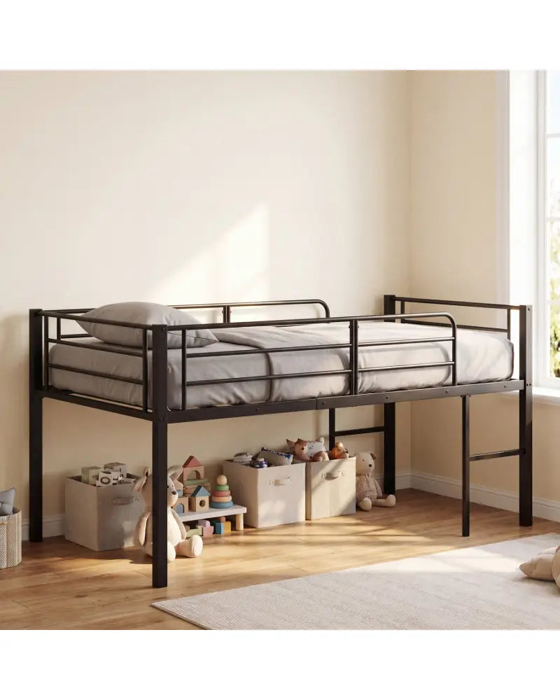 Twin Size Low Loft Bed with Safety Guardrails and 2 Ladders-Black - Black - Bunk Bed Frame