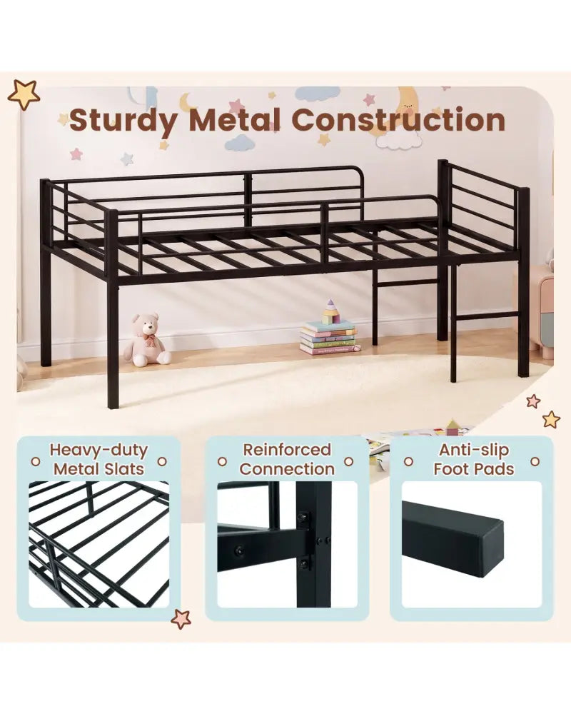 Twin Size Low Loft Bed with Safety Guardrails and 2 Ladders-Black - Black - Bunk Bed Frame