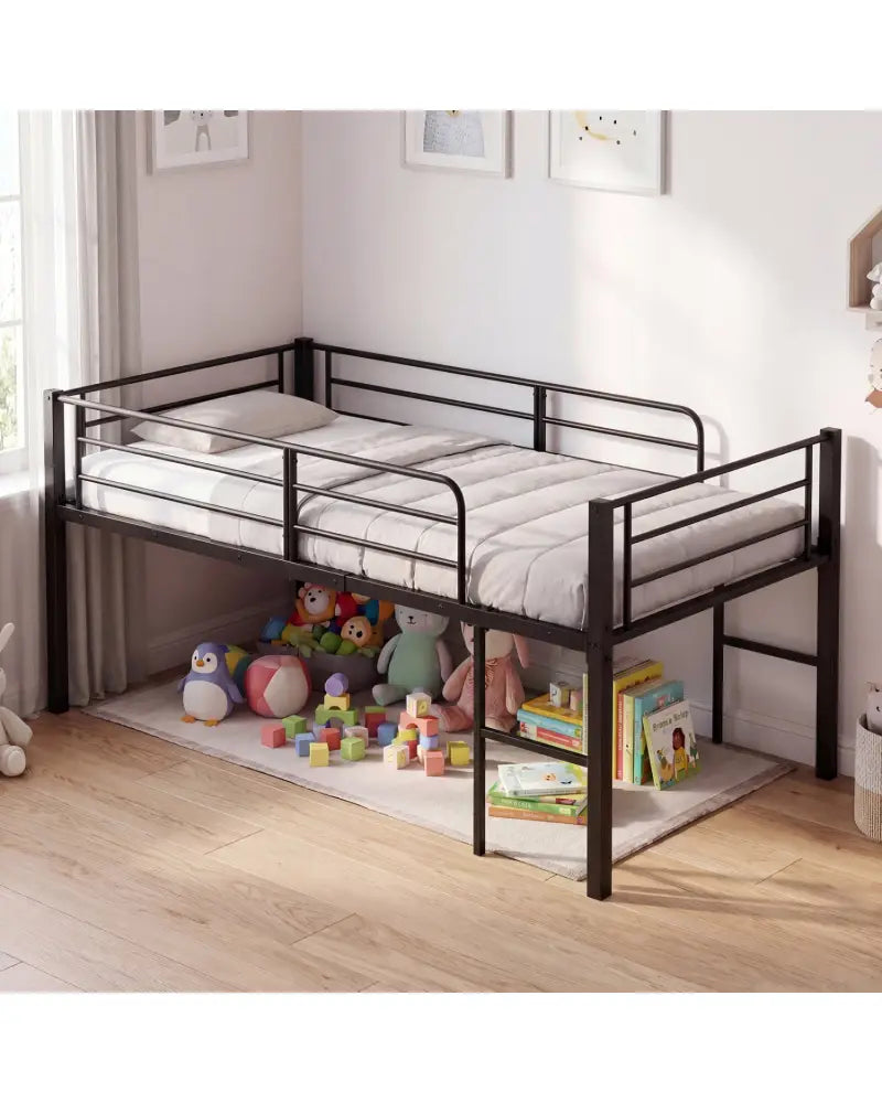 Twin Size Low Loft Bed with Safety Guardrails and 2 Ladders-Black - Black - Bunk Bed Frame