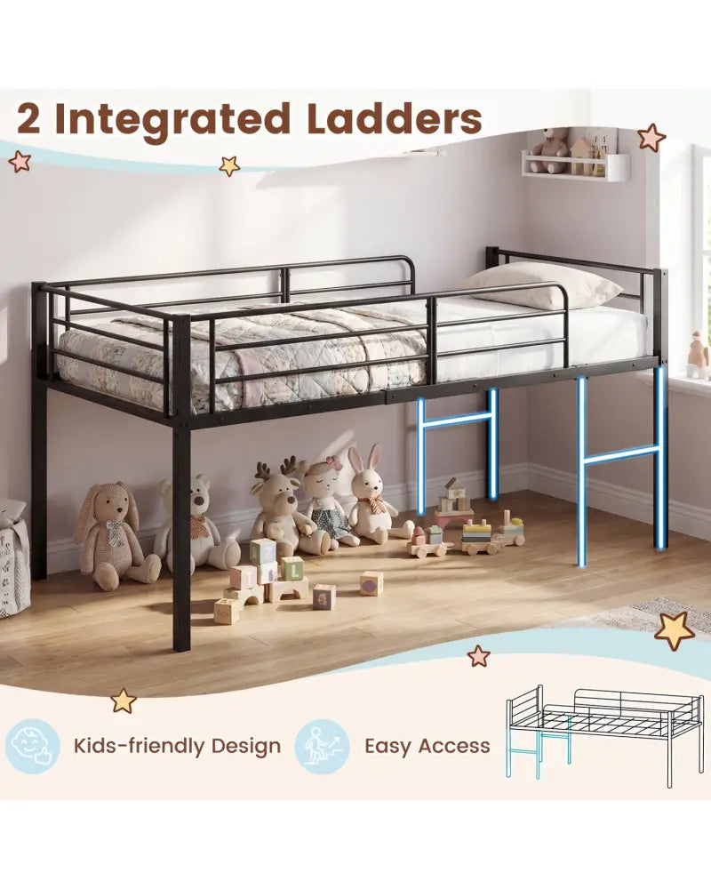 Twin Size Low Loft Bed with Safety Guardrails and 2 Ladders-Black - Black - Bunk Bed Frame