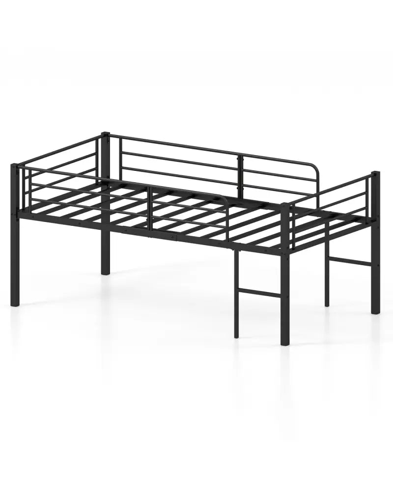 Twin Size Low Loft Bed with Safety Guardrails and 2 Ladders-Black - Black - Bunk Bed Frame