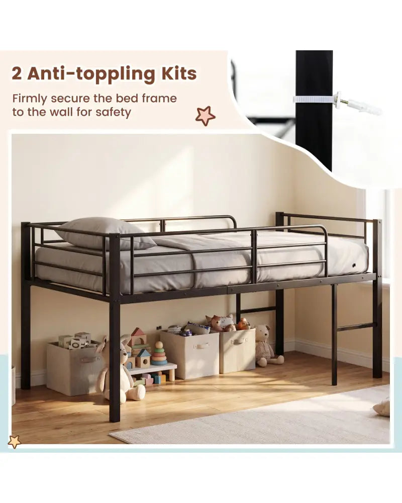 Twin Size Low Loft Bed with Safety Guardrails and 2 Ladders-Black - Black - Bunk Bed Frame