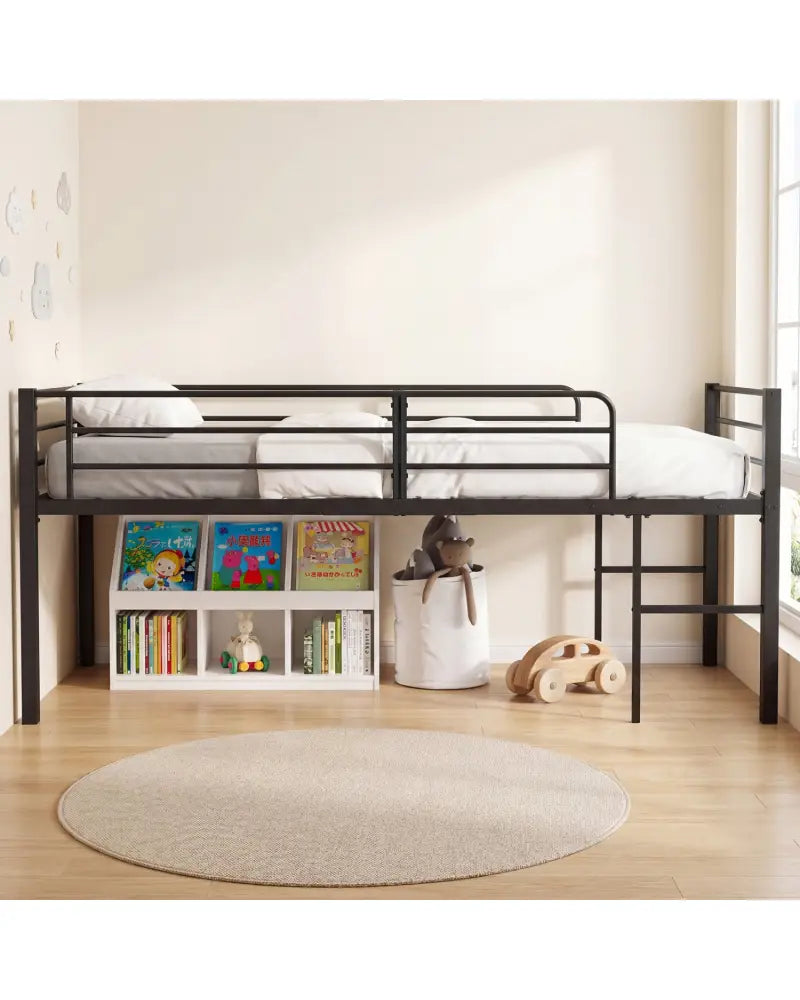 Twin Size Low Loft Bed with Safety Guardrails and 2 Ladders-Black - Black - Bunk Bed Frame