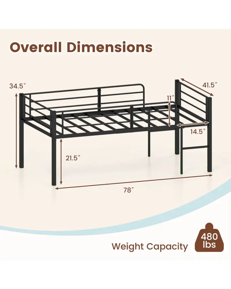 Twin Size Low Loft Bed with Safety Guardrails and 2 Ladders-Black - Black - Bunk Bed Frame