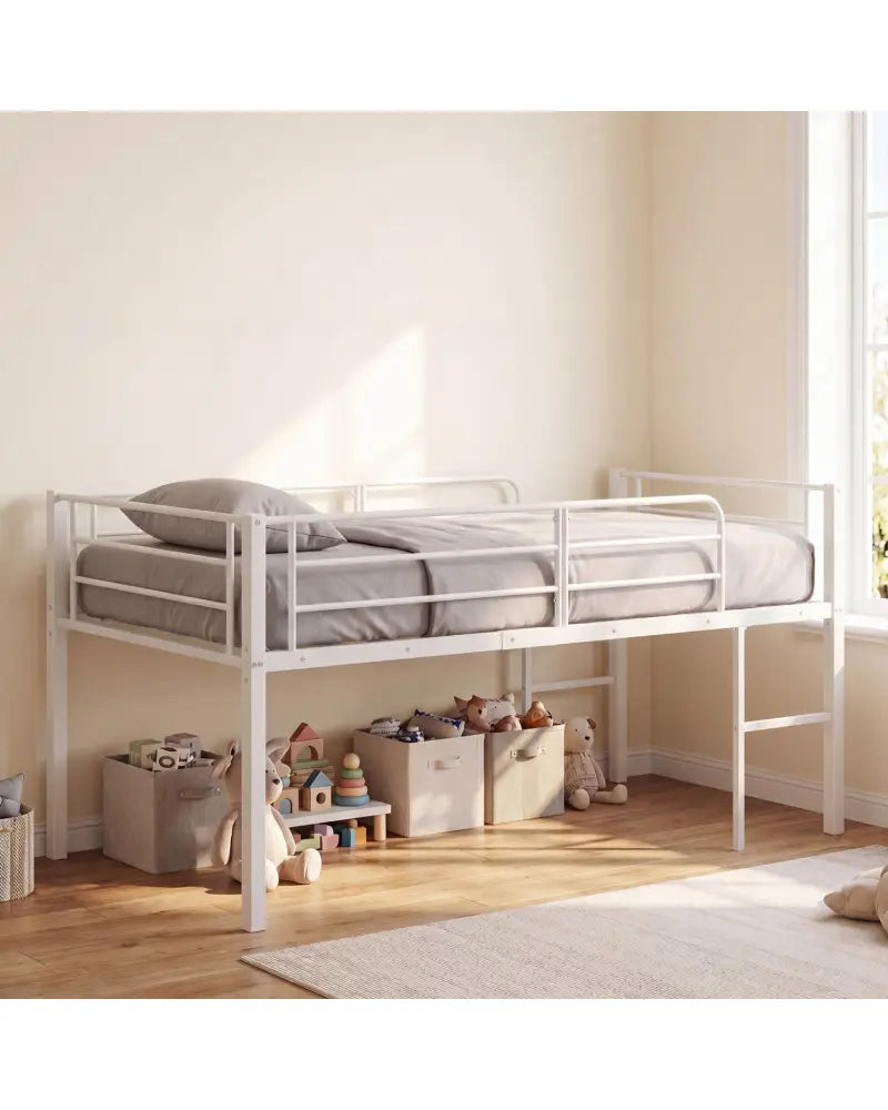 Twin Size Low Loft Bed with Safety Guardrails and 2 Ladders-White - White - Bunk Bed Frame
