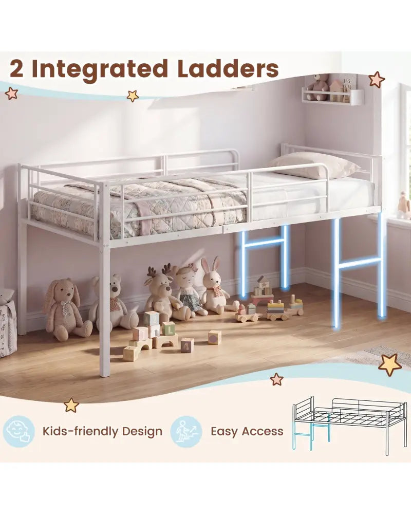 Twin Size Low Loft Bed with Safety Guardrails and 2 Ladders-White - White - Bunk Bed Frame