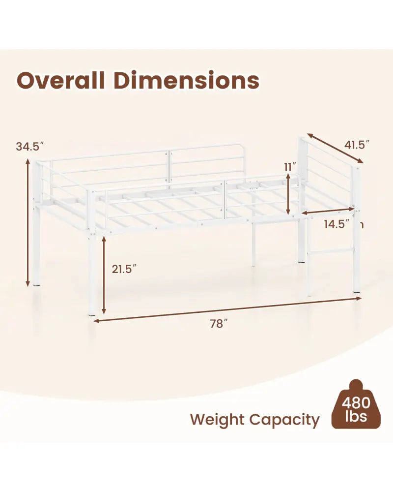 Twin Size Low Loft Bed with Safety Guardrails and 2 Ladders-White - White - Bunk Bed Frame