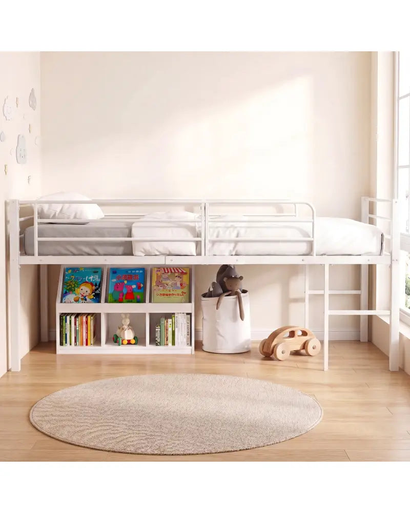 Twin Size Low Loft Bed with Safety Guardrails and 2 Ladders-White - White - Bunk Bed Frame