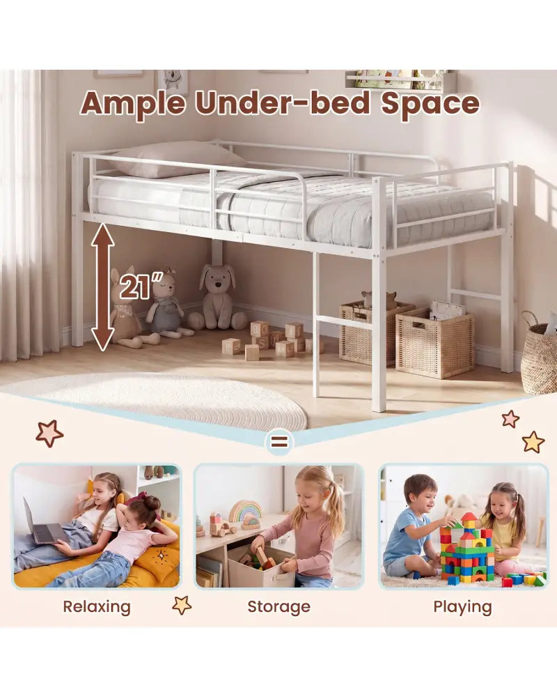 Twin Size Low Loft Bed with Safety Guardrails and 2 Ladders-White - White - Bunk Bed Frame