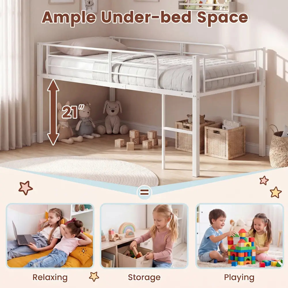 Twin Size Low Loft Bed with Safety Guardrails and 2 Ladders-White - White - Bunk Bed Frame
