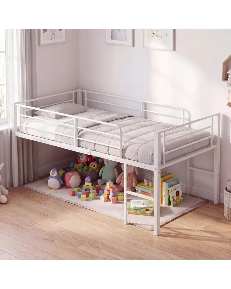 Twin Size Low Loft Bed with Safety Guardrails and 2 Ladders-White - White - Bunk Bed Frame
