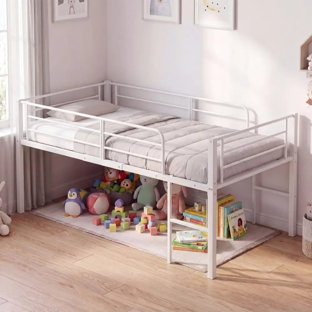 Twin Size Low Loft Bed with Safety Guardrails and 2 Ladders-White - White - Bunk Bed Frame
