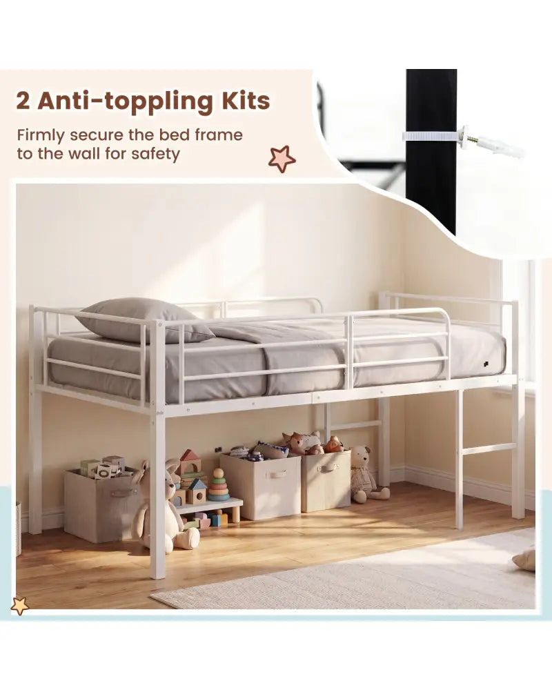 Twin Size Low Loft Bed with Safety Guardrails and 2 Ladders-White - White - Bunk Bed Frame