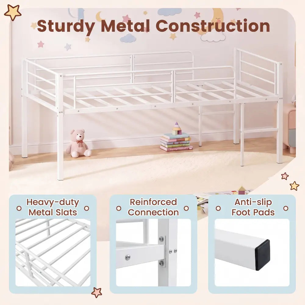 Twin Size Low Loft Bed with Safety Guardrails and 2 Ladders-White - White - Bunk Bed Frame