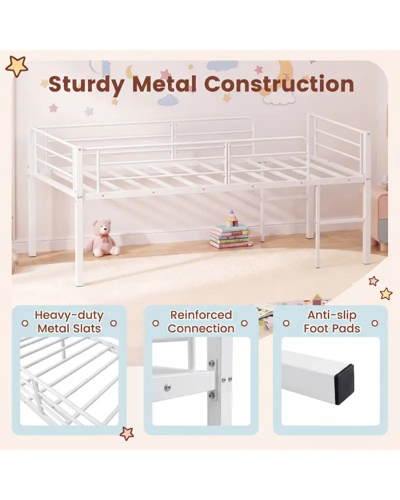 Twin Size Low Loft Bed with Safety Guardrails and 2 Ladders-White - White - Bunk Bed Frame