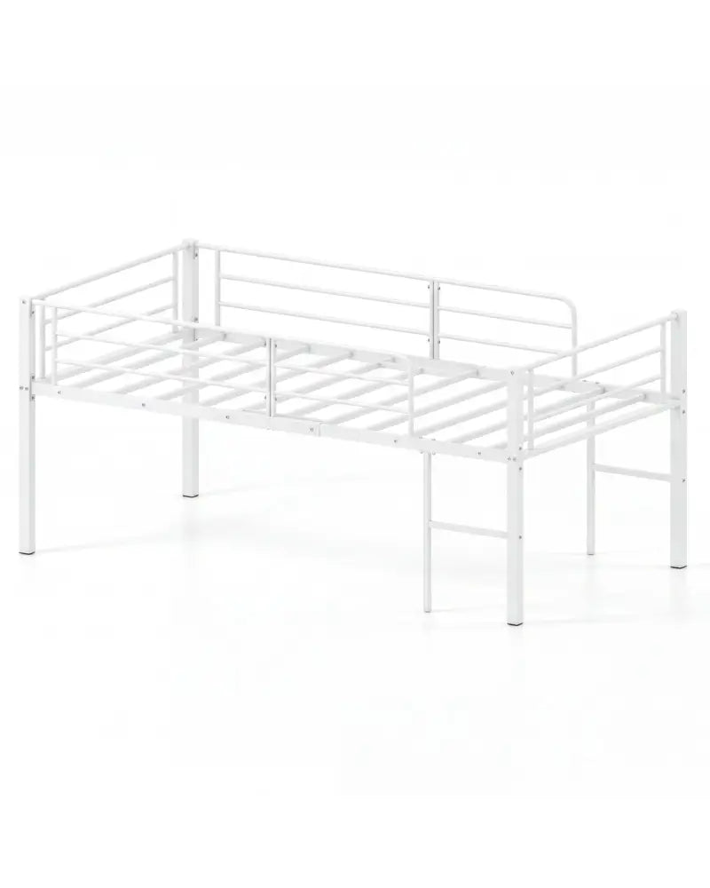 Twin Size Low Loft Bed with Safety Guardrails and 2 Ladders-White - White - Bunk Bed Frame