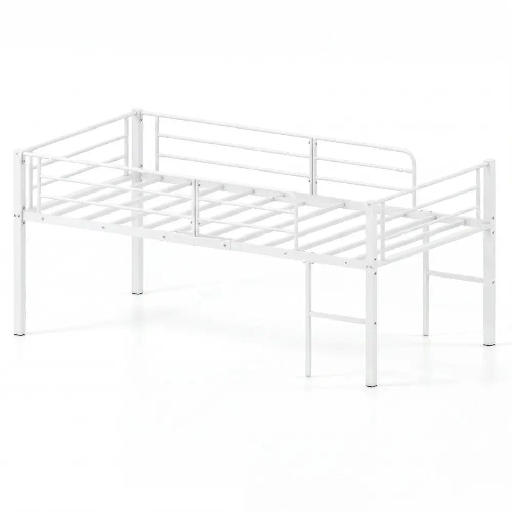 Twin Size Low Loft Bed with Safety Guardrails and 2 Ladders-White - White - Bunk Bed Frame