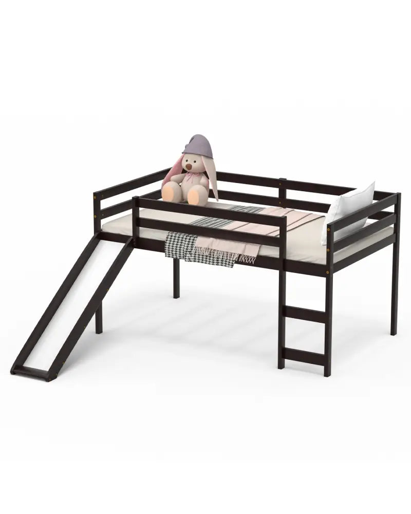 Twin Size Low Sturdy Loft Bed with Slide Wood -Dark Brown - Dark Brown - Bunk Bed Frame