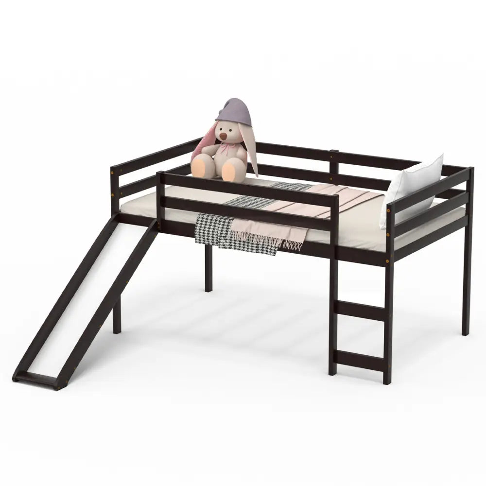 Twin Size Low Sturdy Loft Bed with Slide Wood -Dark Brown - Dark Brown - Bunk Bed Frame