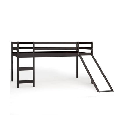 Twin Size Low Sturdy Loft Bed with Slide Wood -Dark Brown - Dark Brown - Bunk Bed Frame