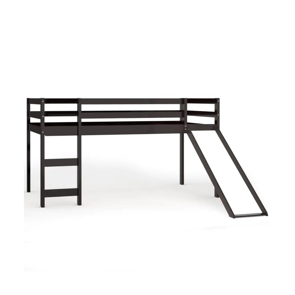 Twin Size Low Sturdy Loft Bed with Slide Wood -Dark Brown - Dark Brown - Bunk Bed Frame