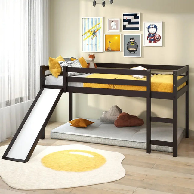 Twin Size Low Sturdy Loft Bed with Slide Wood -Dark Brown - Dark Brown - Bunk Bed Frame