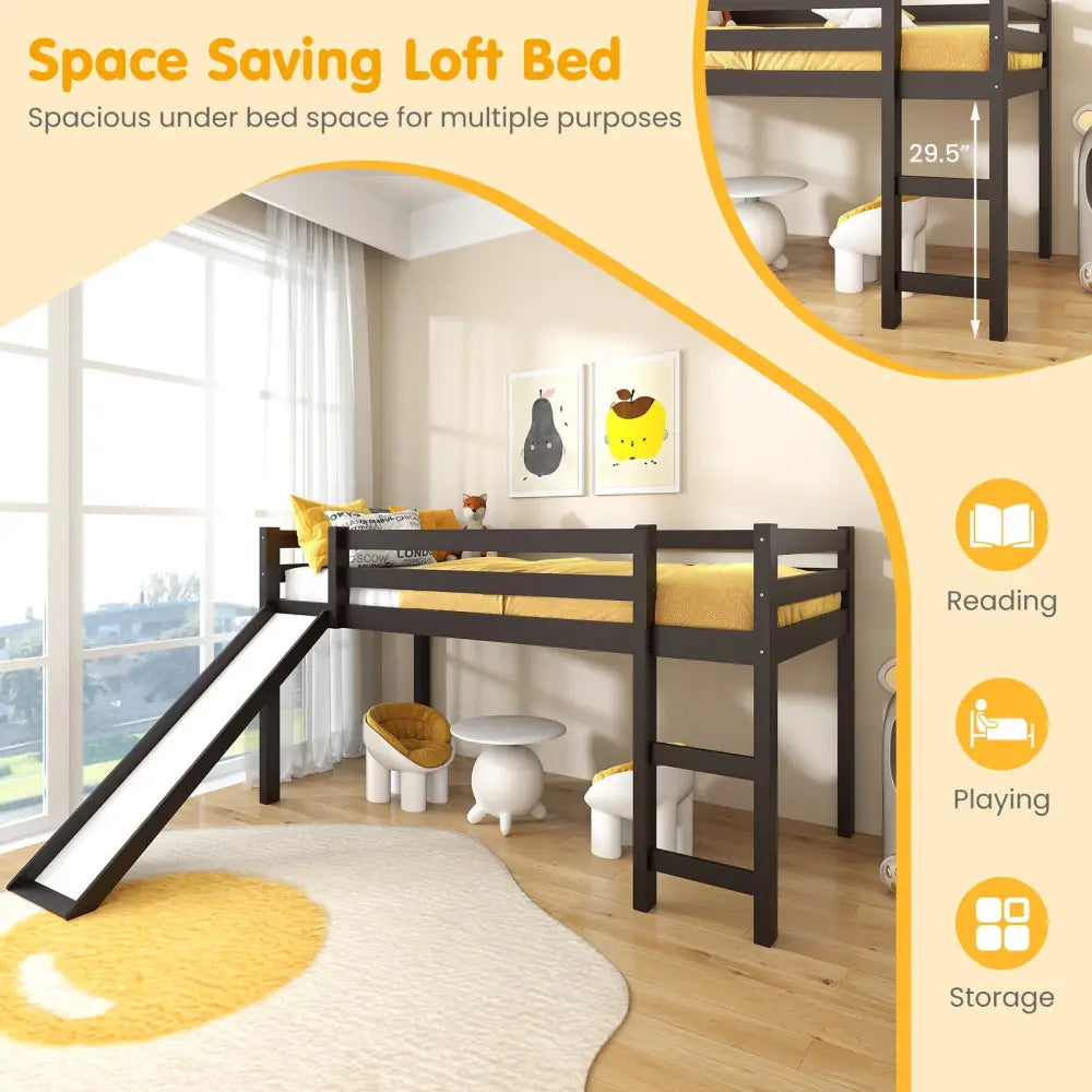 Twin Size Low Sturdy Loft Bed with Slide Wood -Dark Brown - Dark Brown - Bunk Bed Frame