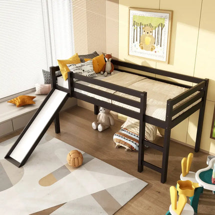 Twin Size Low Sturdy Loft Bed with Slide Wood -Dark Brown - Dark Brown - Bunk Bed Frame