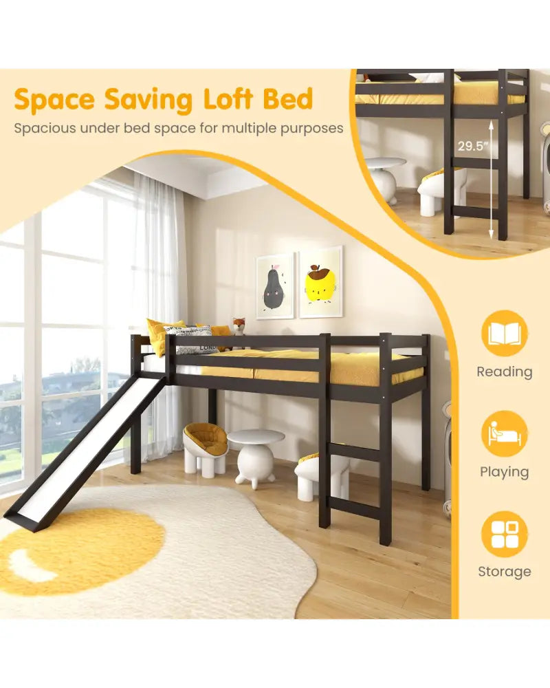 Twin Size Low Sturdy Loft Bed with Slide Wood -Dark Brown - Dark Brown - Bunk Bed Frame