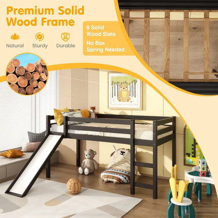 Twin Size Low Sturdy Loft Bed with Slide Wood -Dark Brown - Dark Brown - Bunk Bed Frame