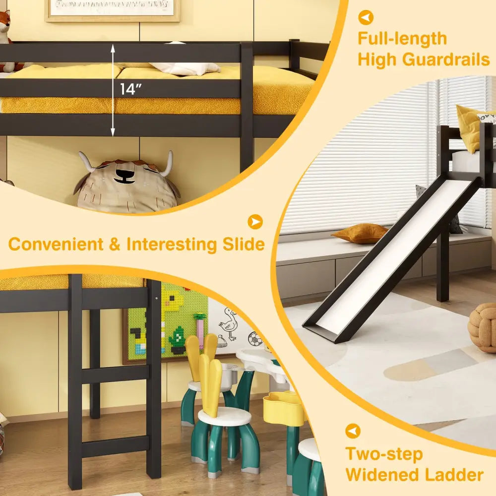 Twin Size Low Sturdy Loft Bed with Slide Wood -Dark Brown - Dark Brown - Bunk Bed Frame