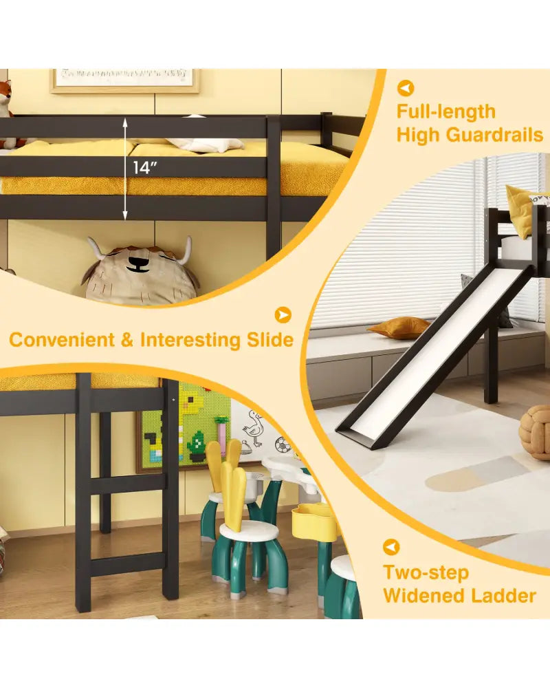 Twin Size Low Sturdy Loft Bed with Slide Wood -Dark Brown - Dark Brown - Bunk Bed Frame