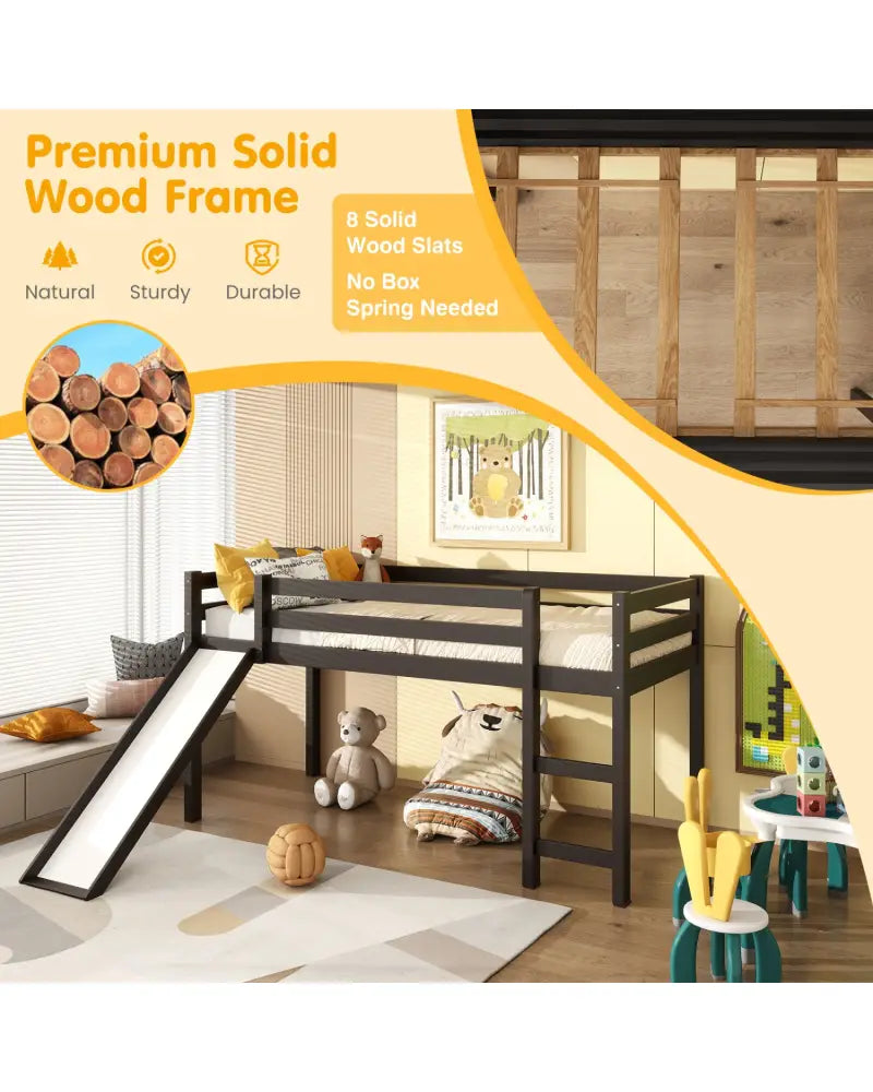Twin Size Low Sturdy Loft Bed with Slide Wood -Dark Brown - Dark Brown - Bunk Bed Frame