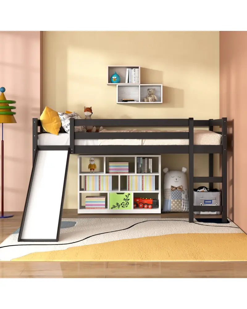 Twin Size Low Sturdy Loft Bed with Slide Wood -Dark Brown - Dark Brown - Bunk Bed Frame