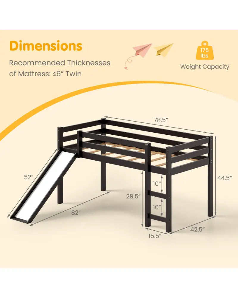 Twin Size Low Sturdy Loft Bed with Slide Wood -Dark Brown - Dark Brown - Bunk Bed Frame