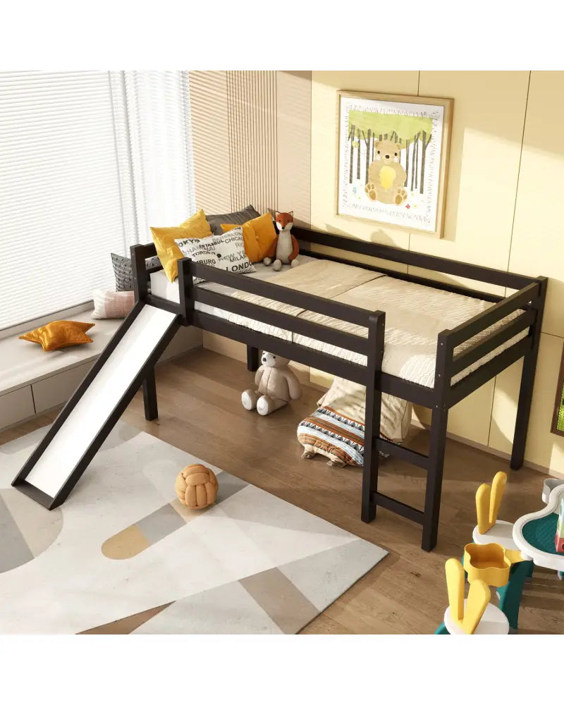 Twin Size Low Sturdy Loft Bed with Slide Wood -Dark Brown - Dark Brown - Bunk Bed Frame