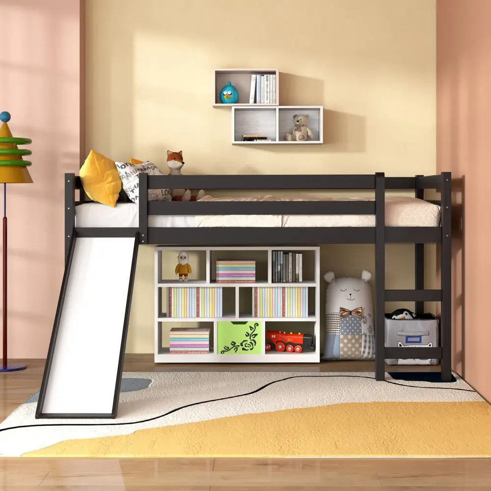 Twin Size Low Sturdy Loft Bed with Slide Wood -Dark Brown - Dark Brown - Bunk Bed Frame