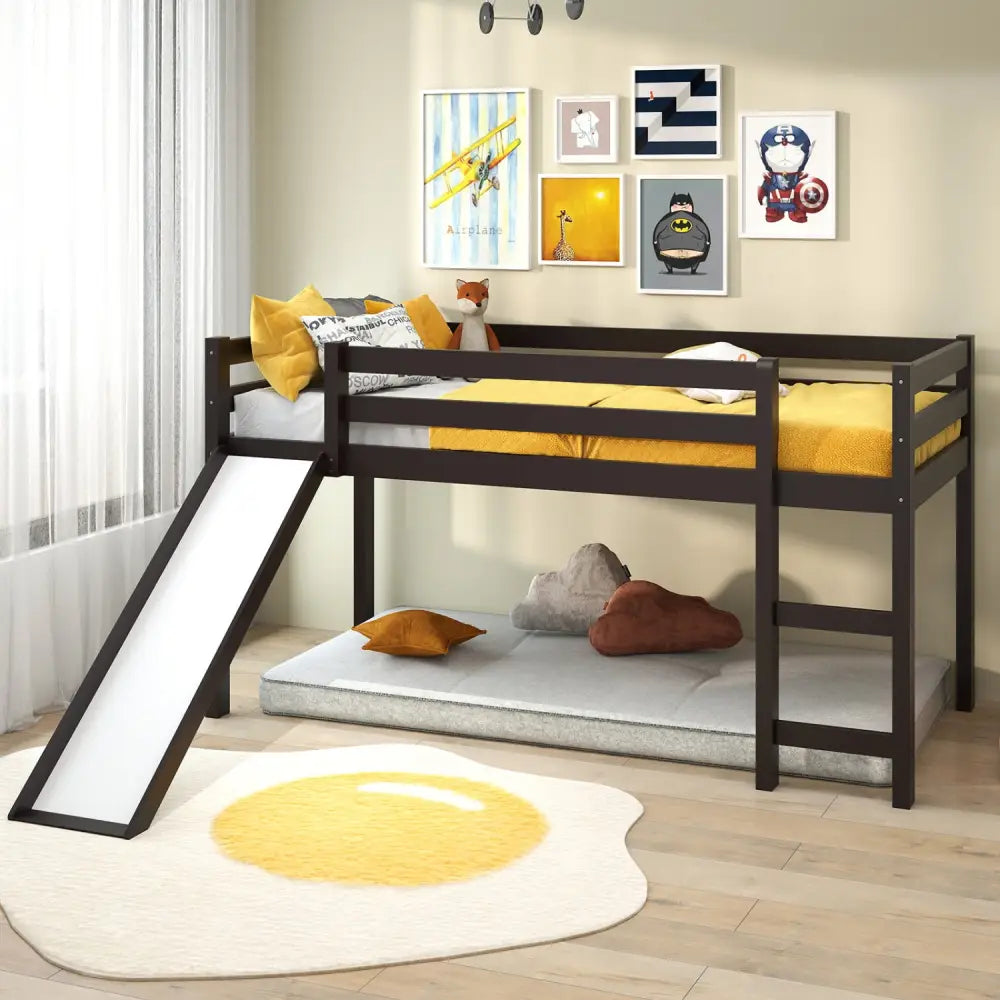 Twin Size Low Sturdy Loft Bed with Slide Wood -Dark Brown - Dark Brown - Bunk Bed Frame