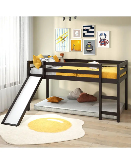 Twin Size Low Sturdy Loft Bed with Slide Wood -Dark Brown - Dark Brown - Bunk Bed Frame