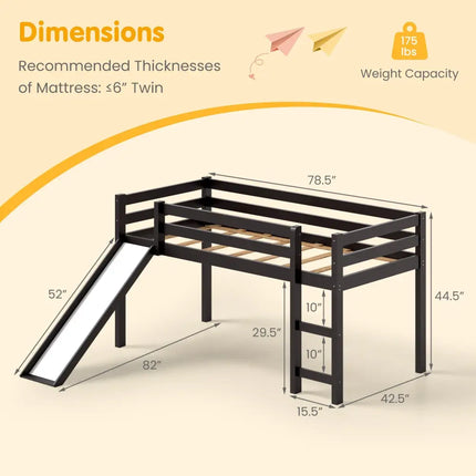 Twin Size Low Sturdy Loft Bed with Slide Wood -Dark Brown - Dark Brown - Bunk Bed Frame