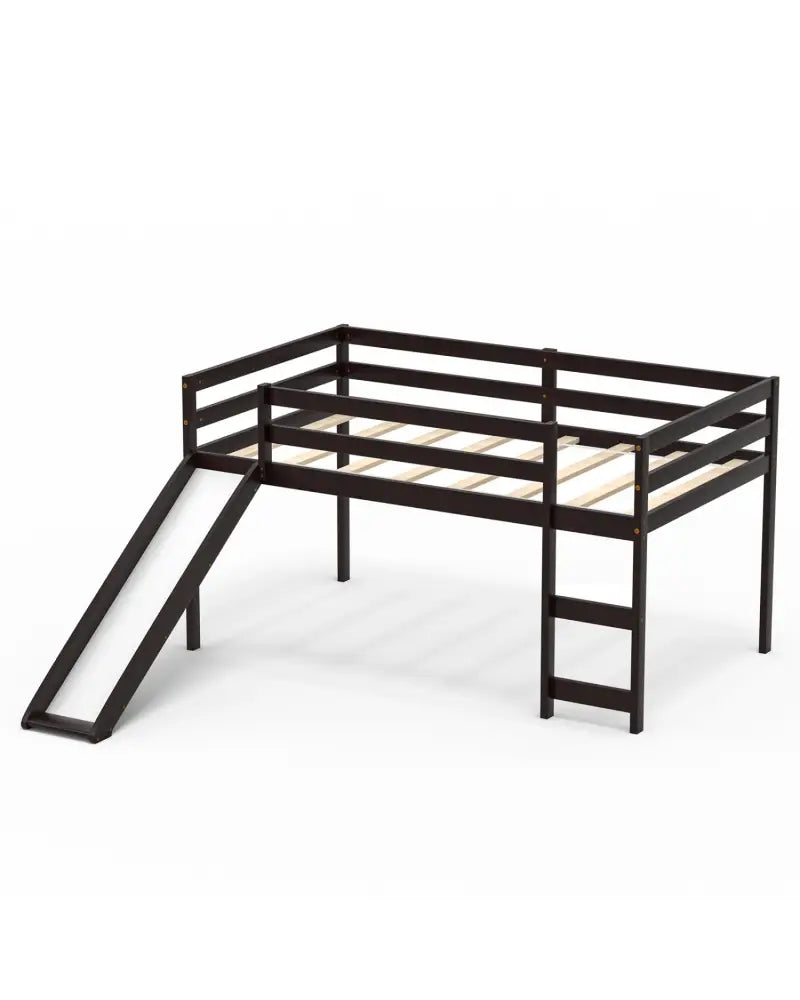 Twin Size Low Sturdy Loft Bed with Slide Wood -Dark Brown - Dark Brown - Bunk Bed Frame