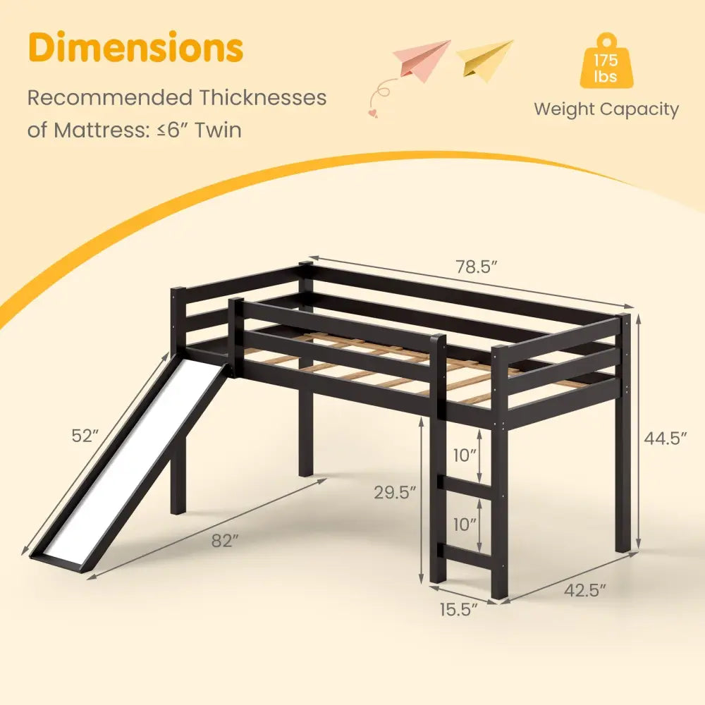 Twin Size Low Sturdy Loft Bed with Slide Wood -Dark Brown - Dark Brown - Bunk Bed Frame