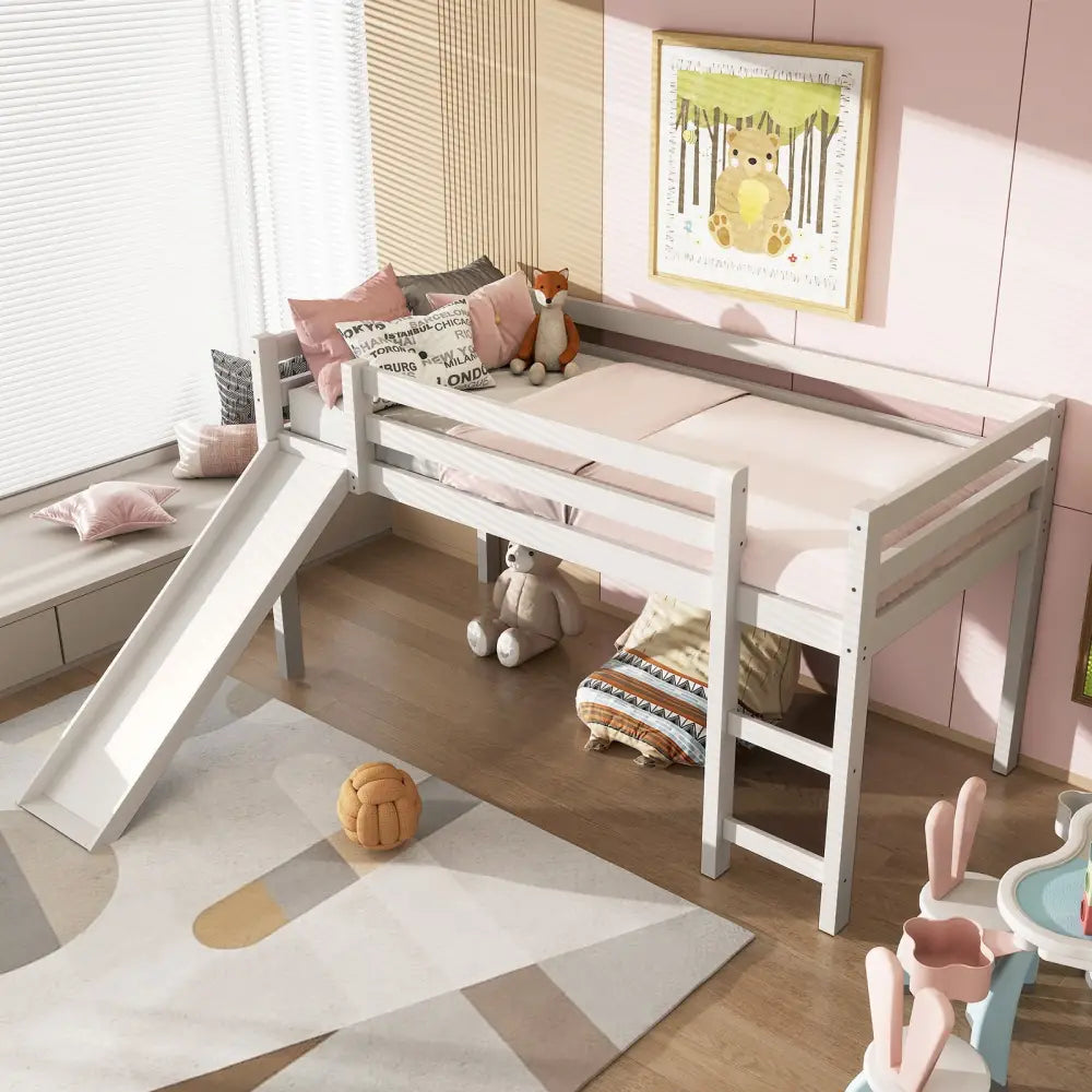 Twin Size Low Sturdy Loft Bed with Slide Wood-White - White - Bunk Bed Frame