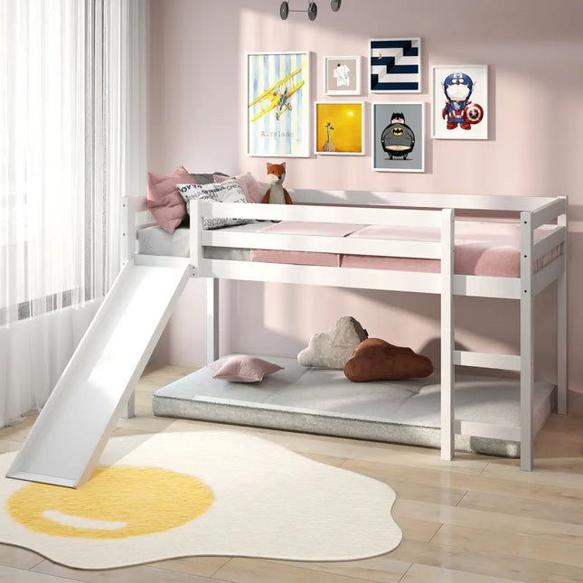 Twin Size Low Sturdy Loft Bed with Slide Wood-White - White - Bunk Bed Frame