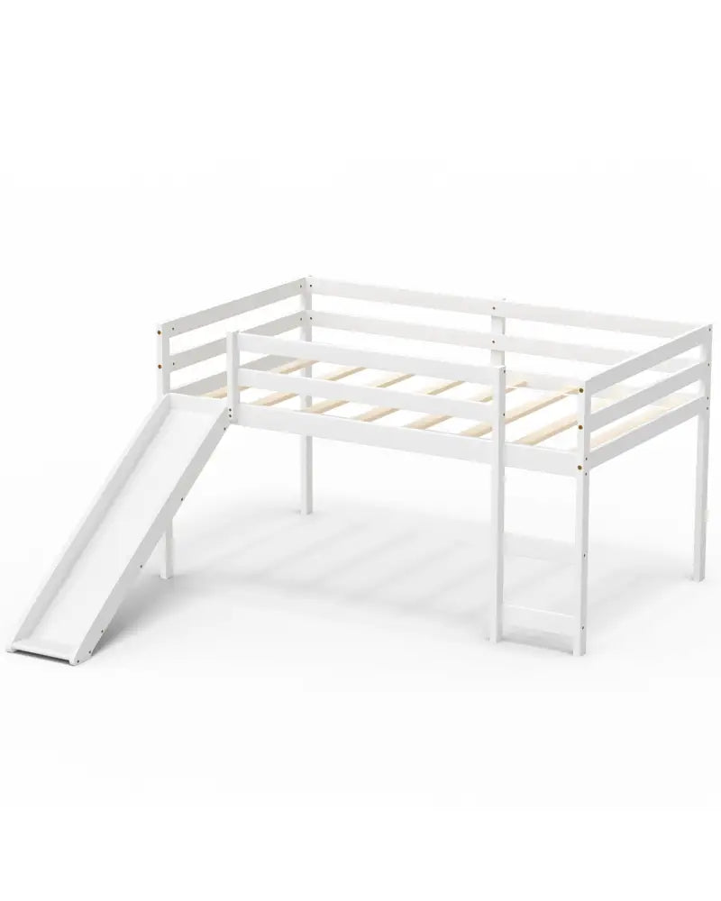 Twin Size Low Sturdy Loft Bed with Slide Wood-White - White - Bunk Bed Frame