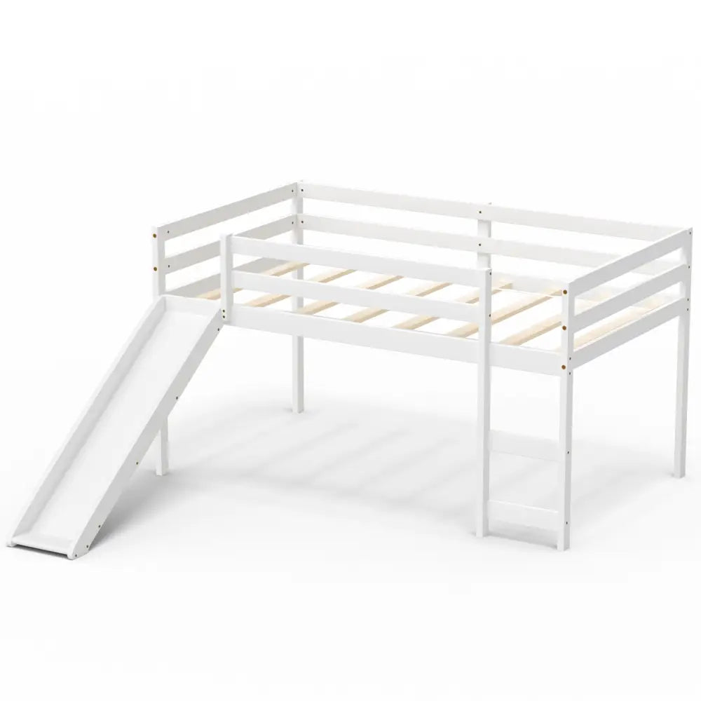 Twin Size Low Sturdy Loft Bed with Slide Wood-White - White - Bunk Bed Frame