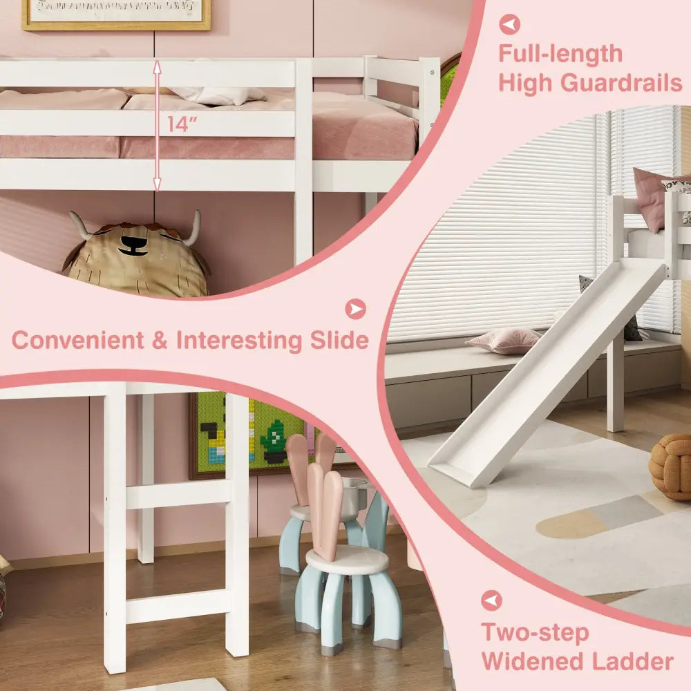 Twin Size Low Sturdy Loft Bed with Slide Wood-White - White - Bunk Bed Frame