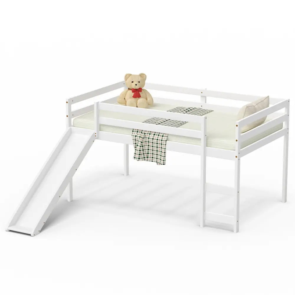 Twin Size Low Sturdy Loft Bed with Slide Wood-White - White - Bunk Bed Frame